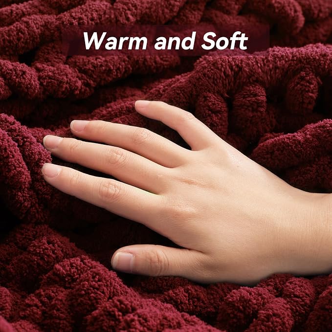 Negwoo Chunky Knit Throw Blanket, Knitted Throw Chenille Yarn, 30"*40" | Soft Thick Cable Knitted Blankets, Handmade Big Thick Blanket, Machine Washable Cute Comfy Blanket for Home Decor, Red