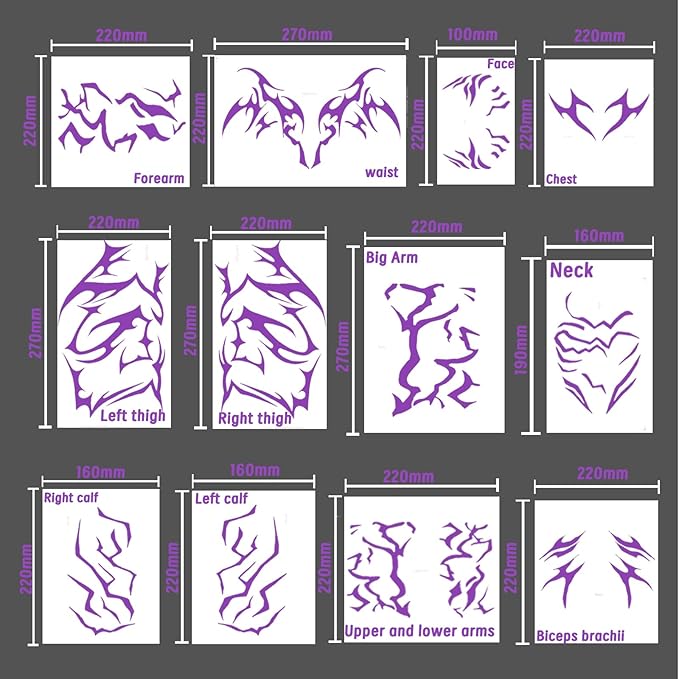 12 PCS Glow in The Dark Cosplay Purple Temporary Tattoos, Dance Fake Tattoos for Cosplay, Halloween, Music Festival, Dance Party Makeup, Fantasy Creature Design, Fantasy Theme Costume Accessories