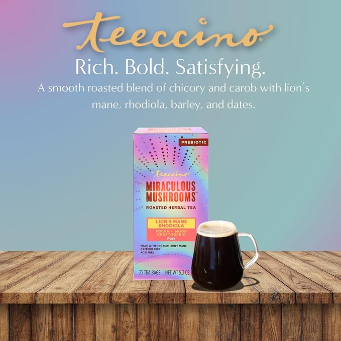 Teeccino Lion’s Mane Rhodiola Tea - Rose - 25 TeaBags Caffeine-Free Mushroom Adaptogenic Herbal Tea, 3x More Herbs than Regular Tea Bags, Lightly Sweet from Dates & Figs, Chicory Prebiotic - (Pack of 3)