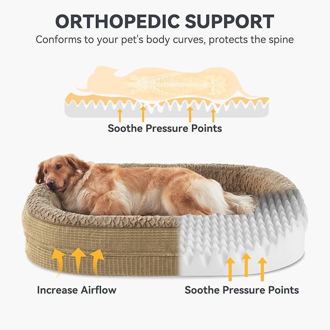 JOEJOY Orthopedic Dog Bed for Large Dogs, Egg-Crate Memory Foam Pet Bed with Bolster Sides, Waterproof Lining, Removable Washable Cover & Non-Slip Bottom, Light Brown