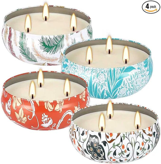 4-Pack Citronella Candle Set in Decorative Tropical Flower Tin Boxes - 3-Wick Functional Decorative Candles for Indoor & Outdoor Use - Perfect for Camping, Travel, BBQ, Picnics, and Mother's Day Gift
