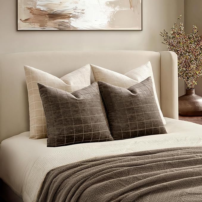 MIULEE Brown Plaid Decorative Fall Euro Throw Pillow Covers 22x22 Set of 2 | Vintage, Check Chenille Couch Pillows, Boho Farmhouse Cushion Covers, Modern Home Decor for Sofa Bed Living Room