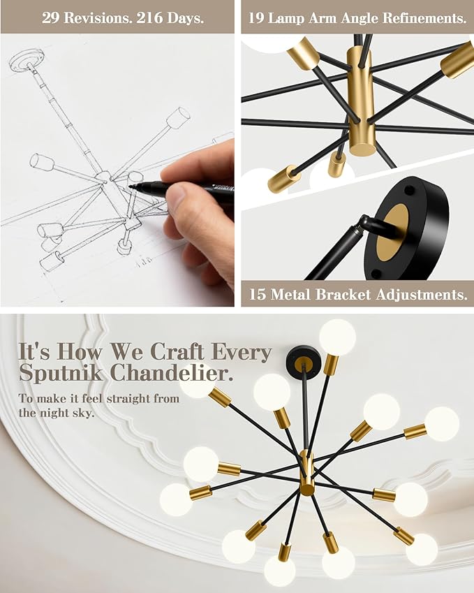 Modern Chandelier, 12-Light Sputnik Ceiling Light Fixture, Mid Century Height Adjustable Sputnik Chandeliers for Dining Room, Kitchen Island, Living Room, Bedroom - Black and Gold