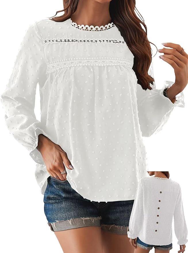 Womens Boho Tops Long Sleeve Shirts For Women Cute Crewneck Blouse Dressy Casual Swiss Dot Crochet Hollow Top 2026