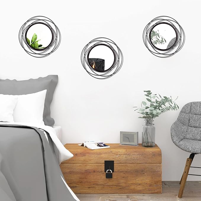 3 Set Round Mirrors for Wall Decor Living Room Bedroom Bathroom Dining Room Metal Circle Mirror Set Boho Decorative Sunburst Wall Art Accent Entryway - Black 9.5 in