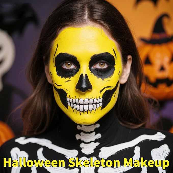 Black White Yellow Face Body Paint 1.01/pc with 3 Sponges,Water Based Face Paint Kit for Skull Tiger Makeup,Halloween SFX Makeup Cream Face Painting