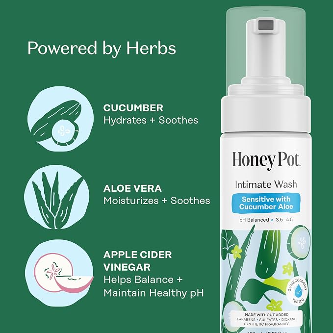 The Honey Pot Company - Feminine Wash - Sensitive w/Cucumber Aloe - pH Balanced, Herbal Infused Plant-Based Feminine Care for Sensitive Skin - Daily Intimate Cleanser for Women - 5.51 Fl Oz