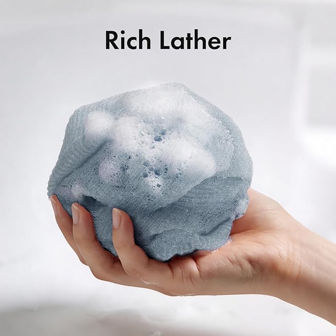 Bathway Exfoliating Washcloth, Nylon Bath Towel Body Scrubber with Hanging Strap, Back Scrubber for Shower Japanese Washcloth Loofah - Deep Clean & Rich Lather (Black & White & Gray, Pack of 3)
