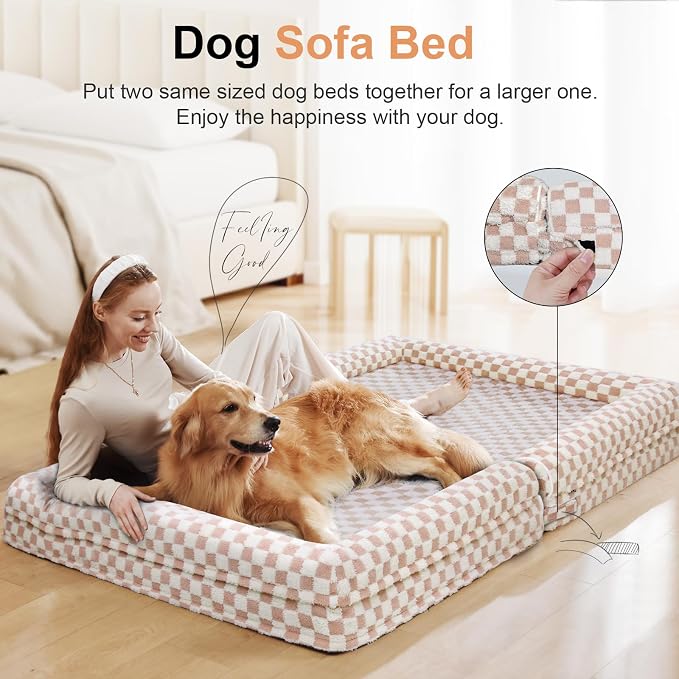 Orthopedic Dog Bed for X-Large Dogs, 40 x 32 Inch, Pink Grid | Egg crate foam for joint support, 3-sided bolster pet sofa, waterproof lining, washable cover, and non-skid base