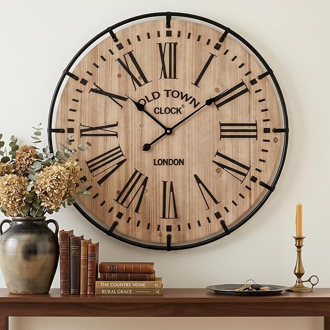 EMAX HOME 30 Inch Rustic Wall Clock, Warm Light Oak Wood Look with Black Iron Frame, Silent Sweep Movement, Clear Roman Numerals and Tick Marks, for Fireplace Mantel, Hallway, or Dining Room.