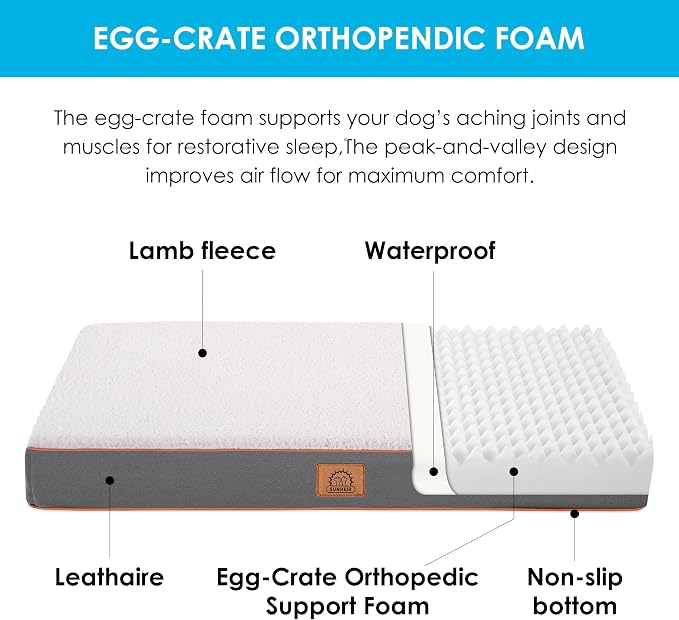 Sunheir Washable Orthopedic Medium Dog Bed, Large Waterproof Dog Crate Bed | Removable Cover, Egg Crate Foam Support, Anti-Slip Bottom, Machine Washable Soft Pet Bed Mat for Crate, 30" Light Grey