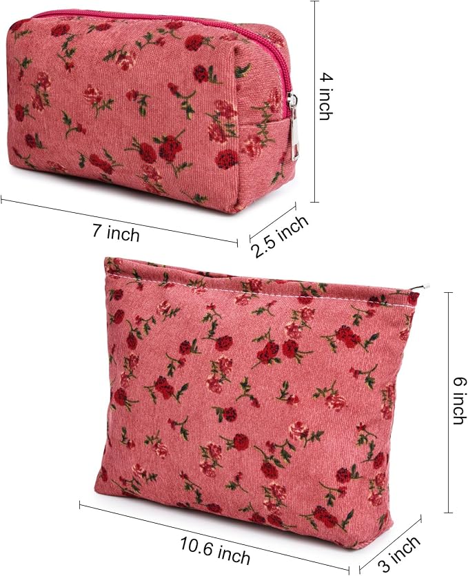 SOIDRAM 2 Pieces Rose Makeup Bag Large Cosmetic Bag Capacity Canvas Mix Travel Toiletry Bag Organizer Cute Makeup Brushes Aesthetic Accessories Storage Bag for Women, Rose Mix Green Red