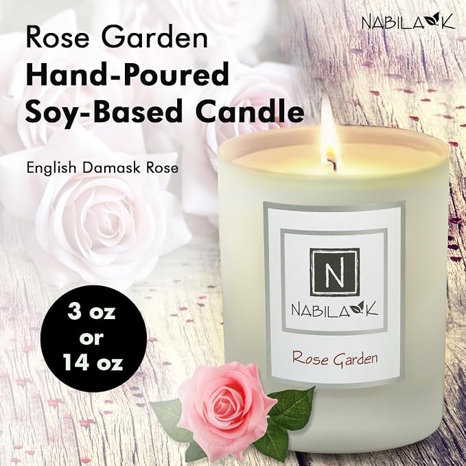 Nabila K – Rose Garden - Soy-Based Candle – Fresh English Damask Roses - Hand-Poured - Cotton Wick - Aromatherapy Candle w/Essential Oils - Made in USA - 14 oz