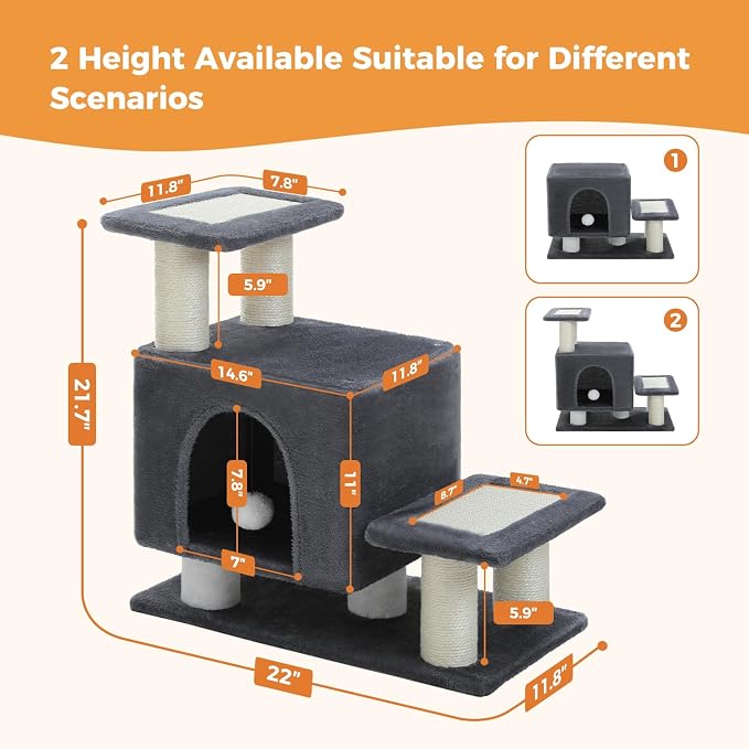 3-in-1 Cat Stairs with Scratching Post & Condo, Pet Steps, Dark Grey | Pet Steps for High Beds, Sofa, Couch, Tall Cat Tower, High-Strength Boards for Indoor Small Cats Kittens Dogs Climbing Play