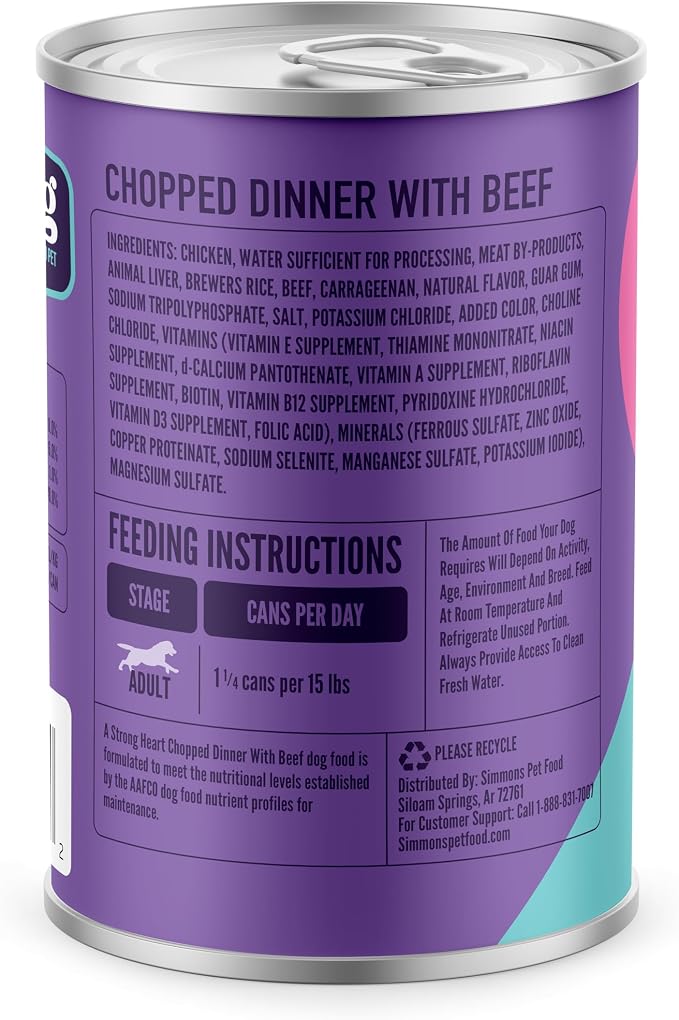 A Strong Heart Chopped Dog Food, Real Beef Dinner, 13.2oz Cans, 12pk | Chopped texture, real beef & chicken, complete & balanced all life stages, Made in USA