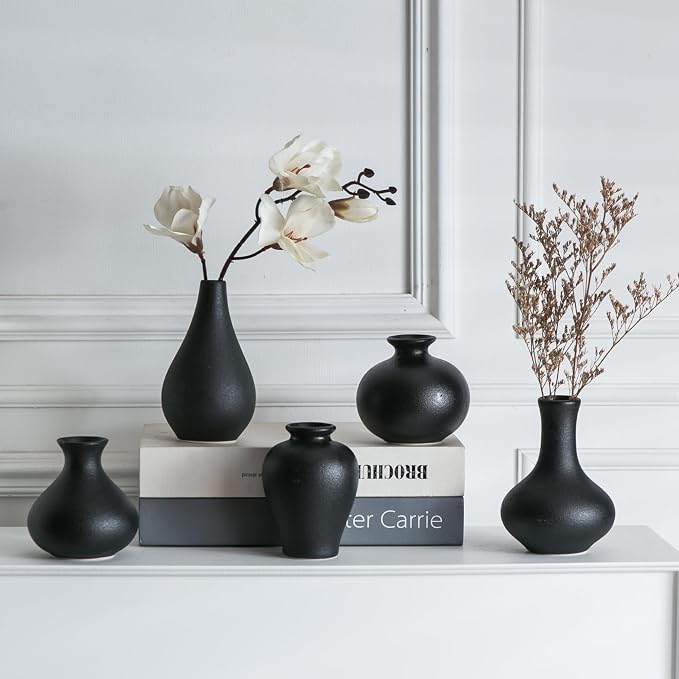 Tanvecle Small Black Vases, Ceramic Bud Vase Set 5, Modern Home Decor | Mini pottery vases for pampas grass, flowers, minimalist home decor, wedding centerpiece for dining table living room shelf