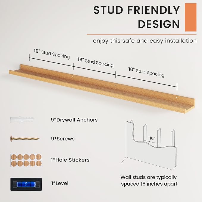 Picture Ledge Shelf, Long Floating Shelves for Wall, 56" W Set of 2, Oak | FSC Certified Engineered Wood, Wall Mounted Bookshelf, for Nursery Living Room Bedroom, Easy Install