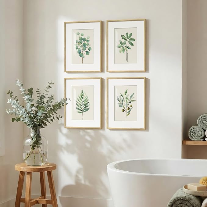 Framed Sage Green Botanical Wall Art for Bathroom, 4 Piece Farmhouse Minimalist Plant Artwork for Walls, Boho Green White Leaf Pictures Prints for Bedroom Kitchen Living Room Wall Decor, 11x14 Inch