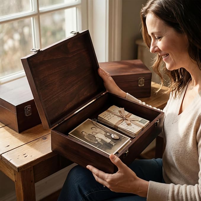 Sliner 3 Pcs Wooden Decorative Storage Boxes with Lids Vintage Wood Organizer Bins for Your Bookshelf Home Decor Safely Store Photos Documents Memory Jewelry Craft Storage (Dark Brown,S M L Size)