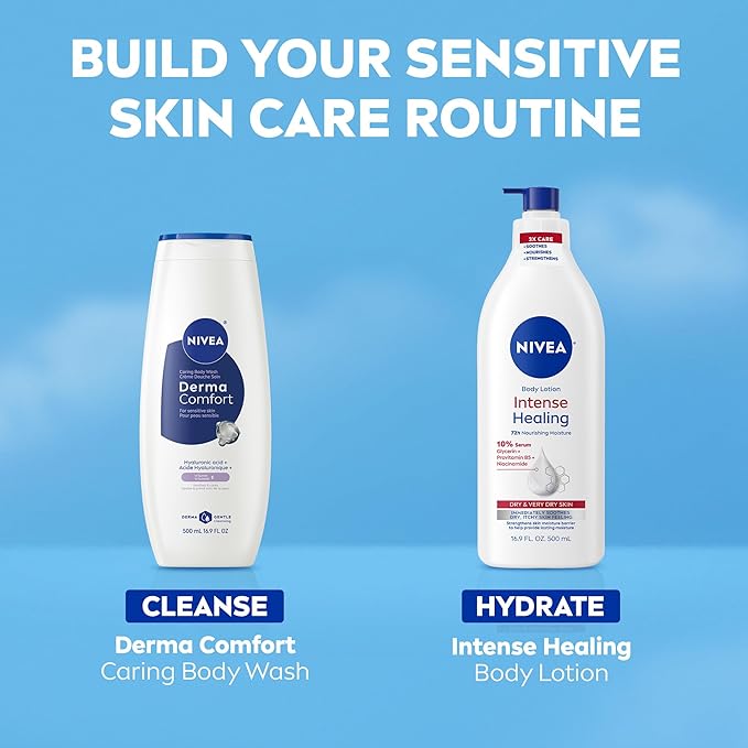 NIVEA Derma Comfort Caring Body Wash for Sensitive Skin, Body Wash with Hyaluronic Acid and Vitamin E, 16.9 Fl Oz Bottle, Pack of 3