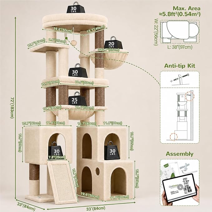 Globlazer Tall Cat Tower for Indoor Adult Cats, 72-inch, S72G, Beige | Heavy Duty Cat Tree House for Big Cats with 2 Extra-Large Padded Platform, 7 Sisal Scratching Posts, 3 Large Condos