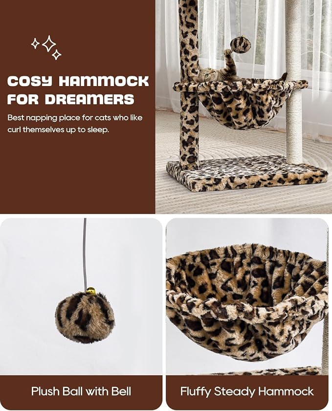 SYANDLVY Small Cat Tree for Indoor Cats, Cheetah Leopard Print Cat Tower | for Kitties, Unique Condo Furniture with Hammock & Sisal Scratching Posts