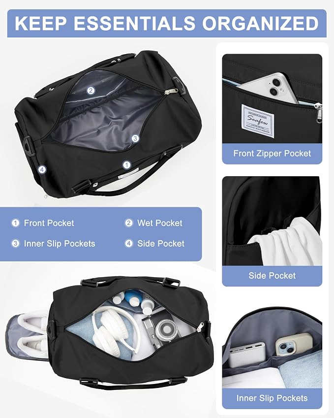 Gym Bag Womens Mens with Shoes Compartment and Wet Pocket Travel Duffel Bag for Women for Plane Sport Gym Tote Bags with Toiletry Bag Waterproof Weekend Overnight Carry on Bag Hospital Holdalls