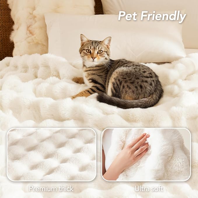 L'AGRATY Faux Rabbit Fur Throw Blanket for Couch, 90'' x 90'', Cream White | Soft Cozy Bubble Fluffy Blanket for Sofa Bed, Thick Warm Plush Fuzzy Throw for Room Home Decor, Luxury Gift for Women Mom