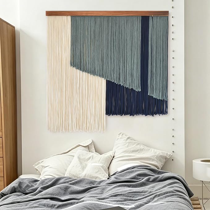 Jakalin Macrame Wall Hanging Boho Yarn Tassel Blue Modern Decor 39"x39" | Hand-dyed navy ombre, Wood dowel, Fringe tassels, Wall decor for living room, bedroom, apartment，Handmade yarn fiber deocr
