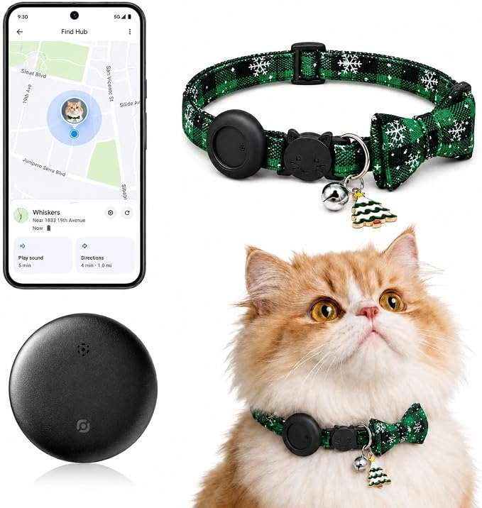 Cat Tracker GPS for Android, Pet GPS Tracker Collar for Cats No Subscription, IP67 Waterproof Cat Collar with Tracker Compatible with Google Find Hub – Replaceable 1-Year Battery, Android Only (Green)