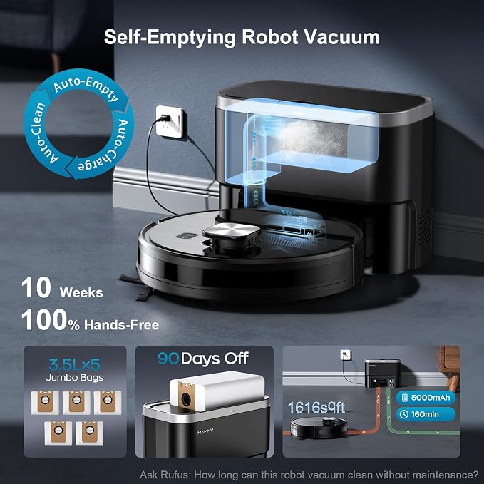 Robot Vacuum,11500Pa Suction,LiDAR Navigation,Self-Emptying,Pet Hair | 90-Day Hands-Free Cleaning 160-Minute Long Runtime Multi-Floor Map Room-Based Cleaning Control Alexa Google Assistant Support