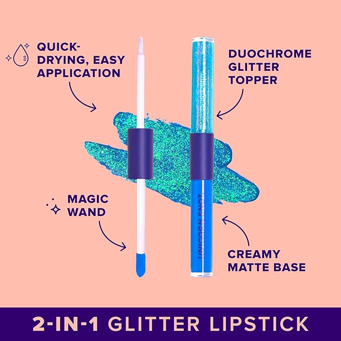 UNICORN SNOT Quiet Riot Glitter Lip Duo | 2-in-1 Set: Matte Lipstick & Plastic-Free Glitter | 0.15oz Blue Lipstick & 0.16oz Gloss, Dream