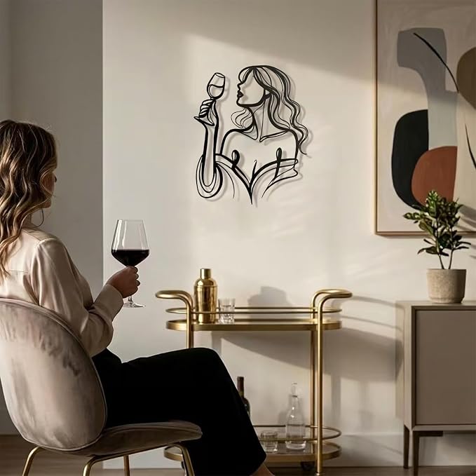 LIYAOLI Black Metal Wall Art Decor, 3D Woman Drinking Wine Sculpture for Bar, Kitchen