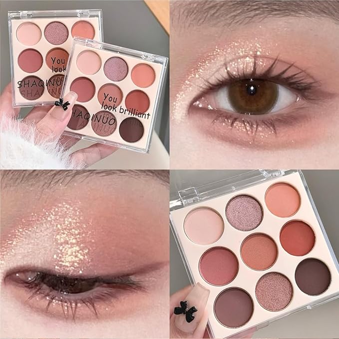 9 Colors Shimmer Eyeshadow Makeup Palette, Matte Nude Neutral Eye Shadow Palettes, Highly Pigmented Long Lasting Waterproof Blendable, sombras para ojos Pink Coffee Brown Eye Glitter