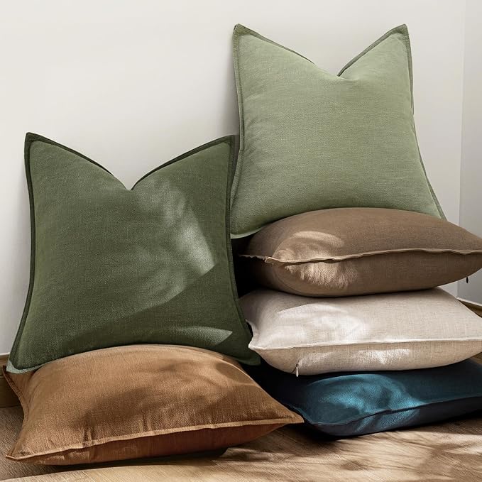 EMEMA Euro Sham Decorative Linen Throw Pillow Covers 26x26 Inch Grass Green | Boho Farmhouse Neutral Couch Throw Pillows for Bed Pack of 2 Accent Pillowcase Modern Sofa Cushion Livingroom Home Decor
