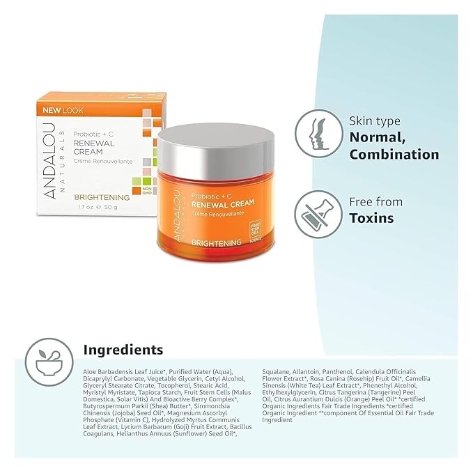 Andalou Naturals Probiotic + Vitamin C Renewal Cream-Complexion Enhancing Hydrating Face Moisturizer-Helps Promote Firmer Skin&More Even Tone-Lightweight,Non-Greasy Formula-1.7 Oz,(Pack of 2)