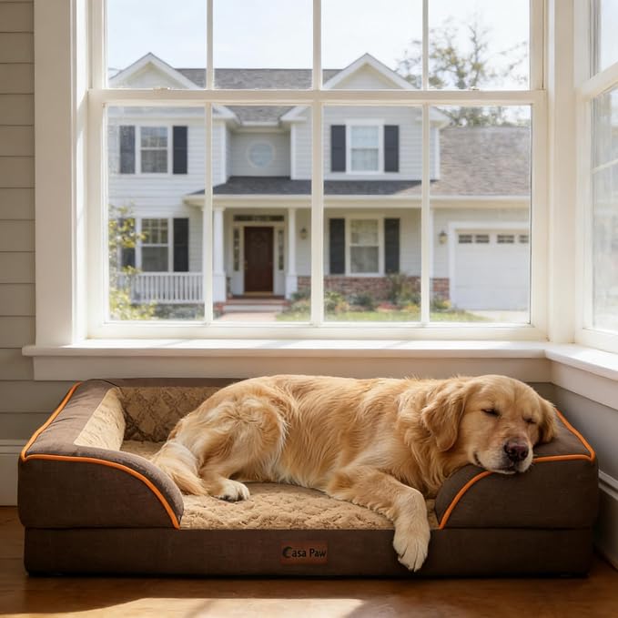 Waterproof Orthopedic Dog Bed for Extra Large Dogs, 48x30in, Brown | Orthopedic Foam Eases Joint Pressure, Bolsters Supports Head And Neck, Washable Pet Beds, Removable Cover, Non-Slip Bottom