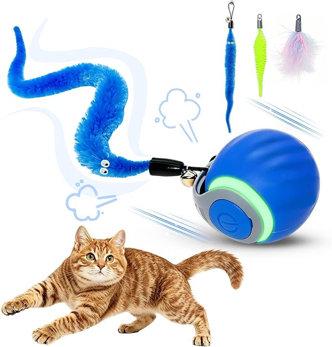 Interactive Cat Toy Ball - Automatic Moving Cat Ball for Indoor Cats with 3 Tails, Rechargeable Silent Kitten Toy for Boredom & Exercise, Rolling Ball Toy with 2 Modes & 2 Speeds.