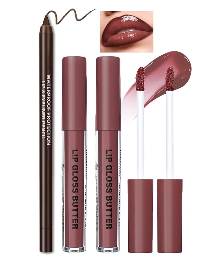 3Pcs Hydrating Lip Gloss with Brown Lip Liner Combo Set,Plumping Lip Liner Moisturizing Nude Tinted Lips Glow Oil,Lightweight Non Sticky Liquid Lipstick Women Lipstain Makeup Long Lasting Lipgloss -01