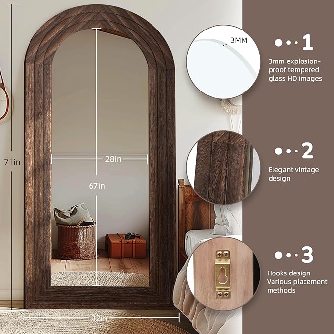 ZHUNFA Arched Full Length Mirror with Solid Wood Frame | 71x32 Farmhouse Wall Mounted Floor Mirror with Stand, Vertical Hanging, Leaning Standing for Bedroom, Living Room, Brown