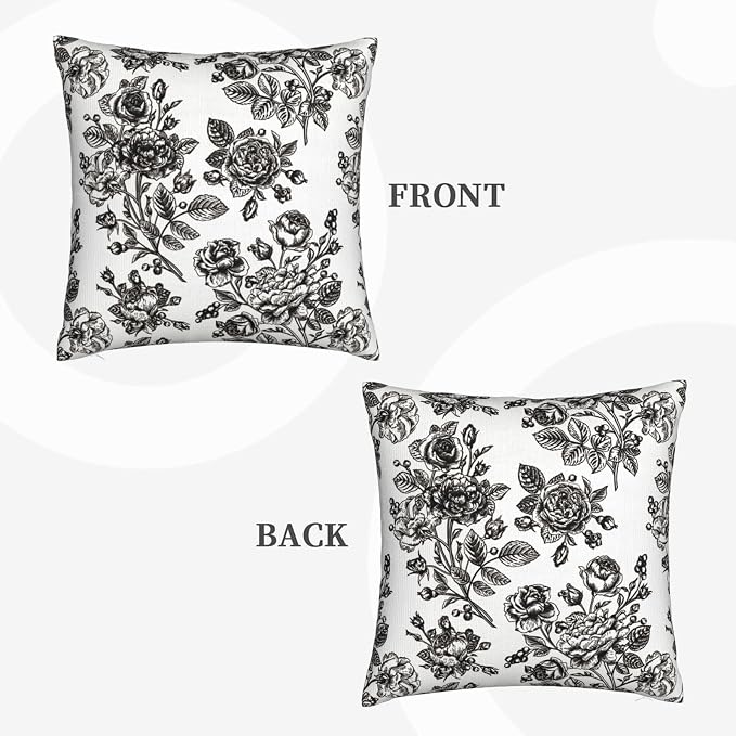 Black White Vintage Floral Throw Pillow Covers 18x18 Inches Set of 2 Farmhouse Square Cushion Cases