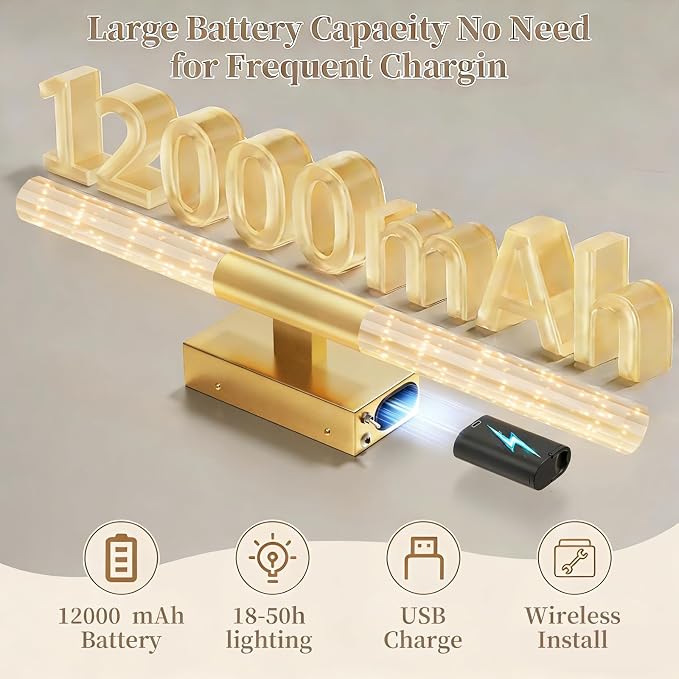 camuucci Battery Operated Wall Sconces Set of 2, Rechargeable Wall Lights | 12000mAh Long-Lasting Battery,Dimmable Cordless Sconce,No Wiring Needed for Bedroom,Living Room,Gold 25.6-Inch