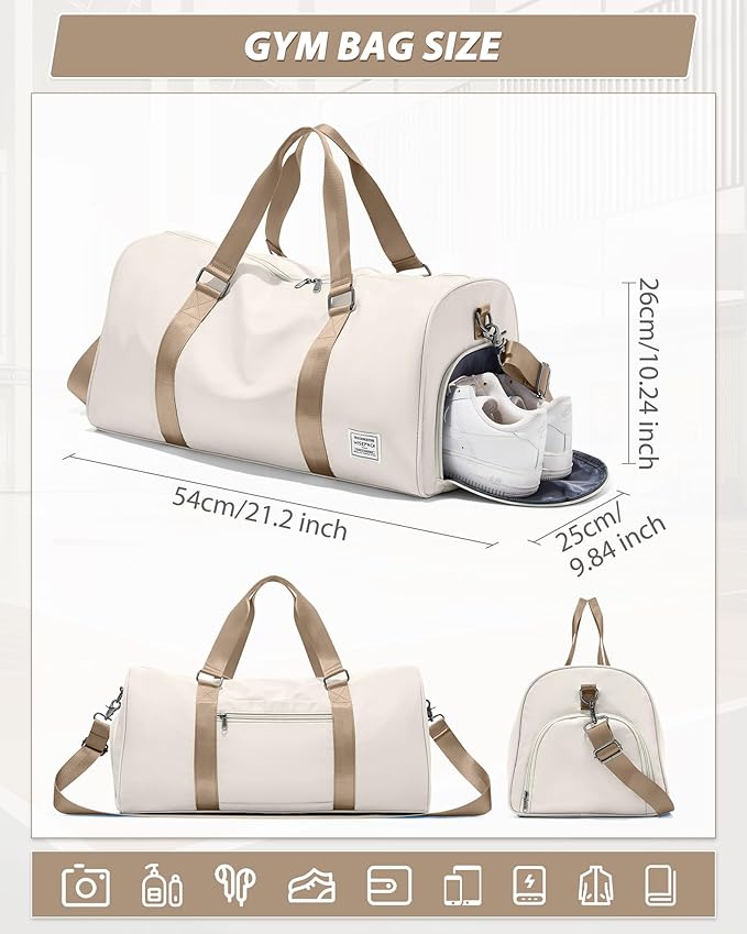 Travel Duffle Bag,Weekender Overnight Bags for Women with Shoes Compartment,Tote Gym Bag Personal Item Carry On Bag for Travel Business Trips Sport Hospital Dance Beige Brown