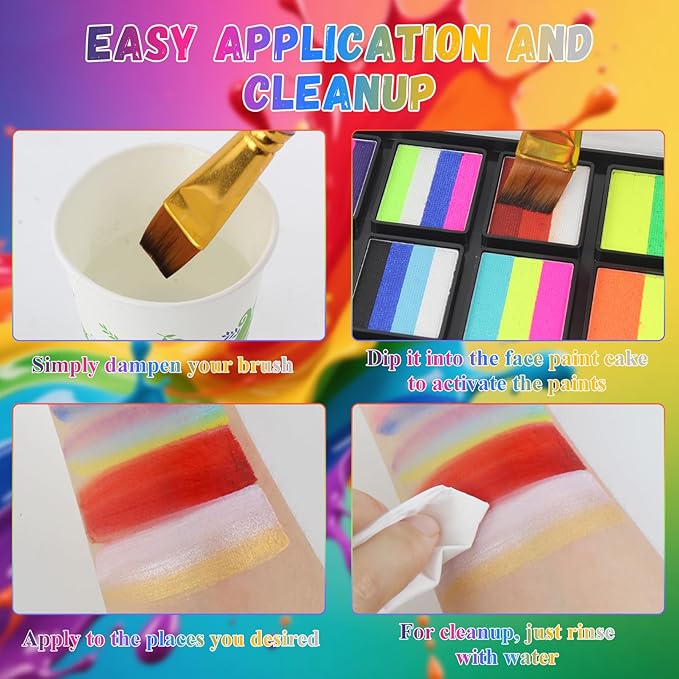 Face Paint Kit for Kids & Adults - 12 Color Rainbow Split Cake Face Painting Kit with 4 Brushes, Water Activated Face Paint Palette, Professional Facepaint Makeup Set for Kids Party Halloween Cosplay