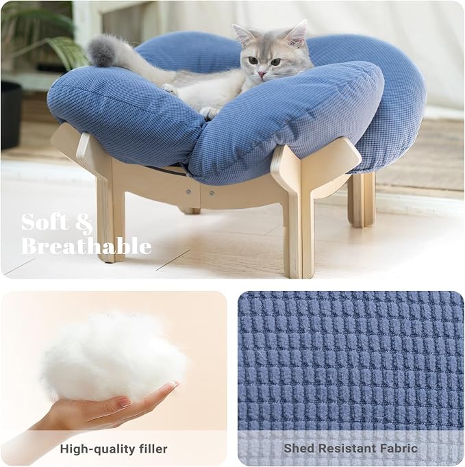 Elevated Cat Bed for Indoor Cats Couch Sofa Flower | Pet Beds with Washable Cushion, Stable Wooden Frame, Raised Cat Hammock & Furniture for Kitty & Puppy All-Season(Deep Blue)