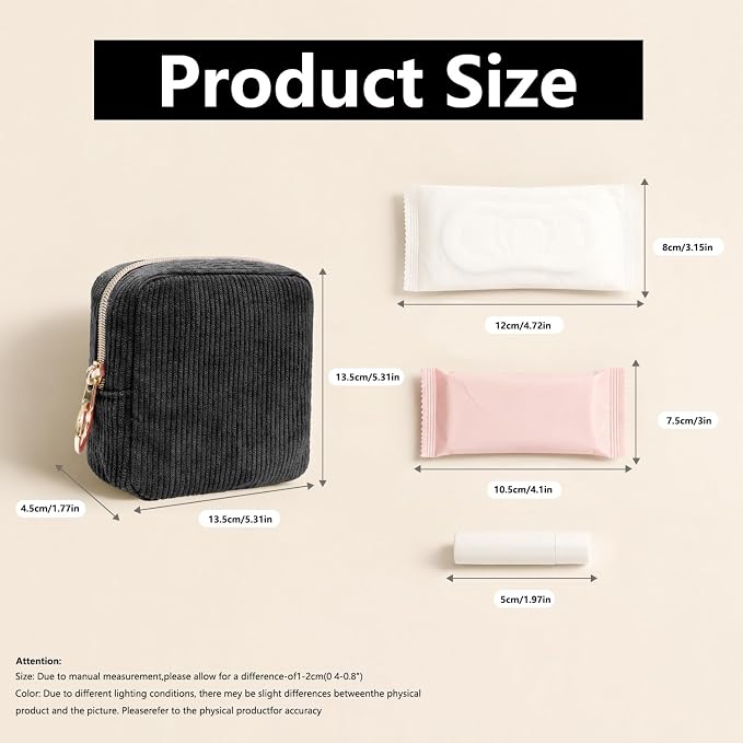Period Bag for Girls, Corduroy Period Kit with Sanitary Pad Pouch, Menstrual Storage Bag and Tampon Holder for Purse, Girls School Essentials,Feminine Care Organizer(Black)