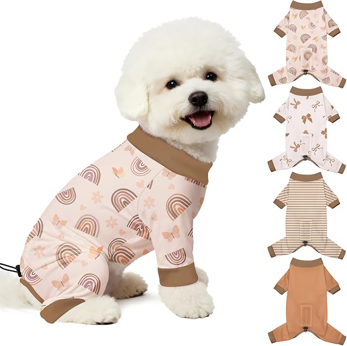 Bienbee Dog Pajamas, 4 Pack Adjustable Onesies for Small to Large Dogs M | Dog Shedding Suit with Soft Fabric, Breathable & Stretchy, and Adjustable Back Length for Sleeping Lounging and Daily Use