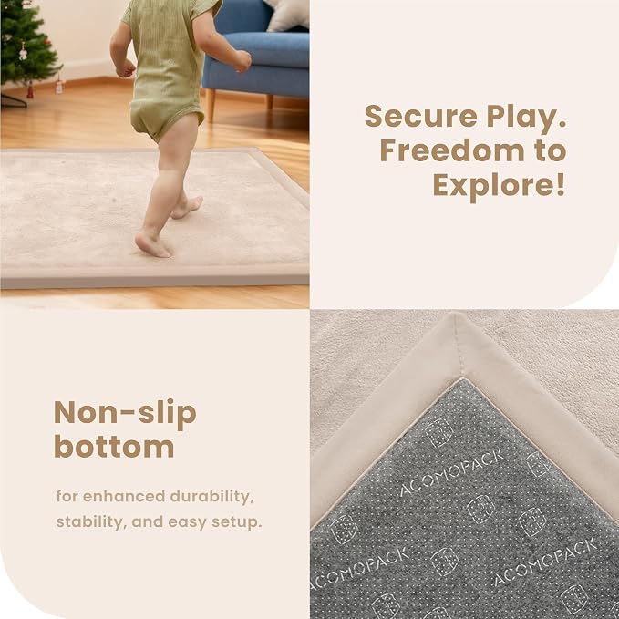 ACOMOPACK Baby Play Mat for Floor 1.3" Thick Memory Foam Play Mat 59"×71" Tummy Time Crawling with Non-Slip Bottom for Living Room,Nursery,Soft Velvet Playpen Mats for Kids,Infants（Beige）