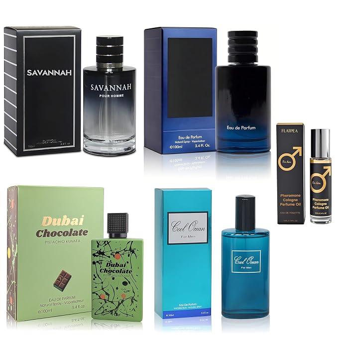 AFLUXE Men's Cologne Gift Set - Variety Pack of 4 Long Lasting Fragrances with 10ml Pheromone Cologne for Men Kit EDP/EDT (PHM-SavE/CoolOcM/Savannah/ChocolGreen)