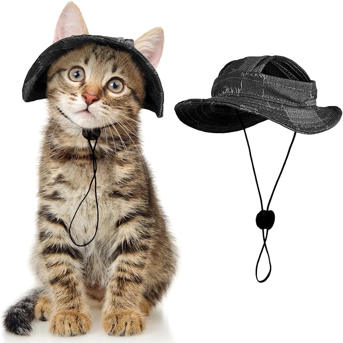 DENTRUN Cat Bucket Hat with Ear Hole, Cotton Birthday Bonnet for Small Pets | Breathable cotton, Adjustable Secures fit, For birthday Party, For small cats, daily cute photos